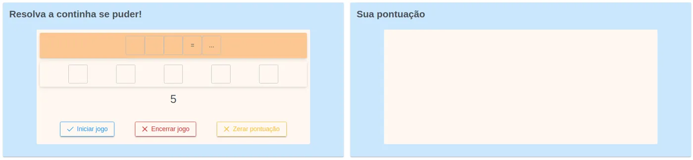 Dois cartões: o primeiro com a região da conta, cinco botões de alternativas vazios, o número 5 do tempo restante e os três botões; o segundo, "Sua pontuação", vazio