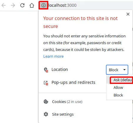 Painel de informações do site com a permissão Location alterada para "Ask (default)"