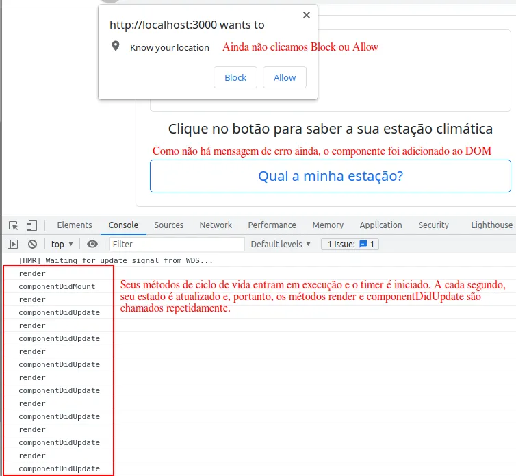 Pedido de permissão ainda aberto (nem Block nem Allow clicados) sobre a aplicação, e o console mostrando render e componentDidMount seguidos de vários pares render e componentDidUpdate, pois o timer atualiza o estado a cada segundo