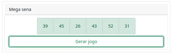 Cartão "Mega sena" exibindo seis números sorteados (39, 45, 26, 43, 52, 31) e o botão "Gerar jogo"
