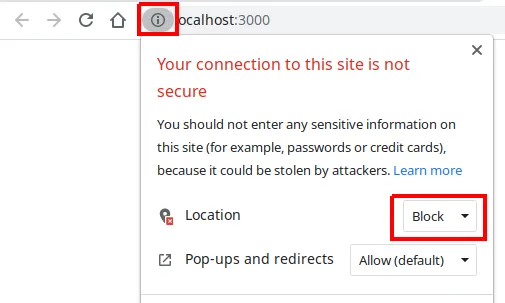 Painel de informações do site com a permissão Location alterada para Block