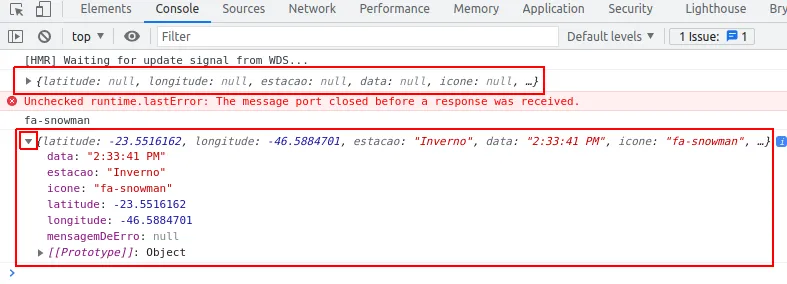 Console mostrando dois logs do estado: o primeiro com todos os campos null e o segundo com latitude, longitude, estacao "Inverno", data e icone "fa-snowman" preenchidos e mensagemDeErro null