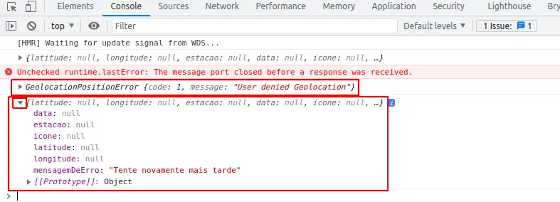 Console mostrando um GeolocationPositionError "User denied Geolocation" e o estado com os campos de localização null e mensagemDeErro "Tente novamente mais tarde"