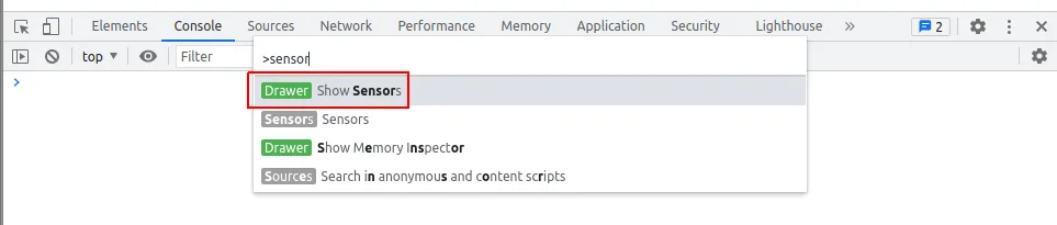 Menu de comandos do Chrome Dev Tools com "sensors" digitado e a opção "Show Sensors" destacada