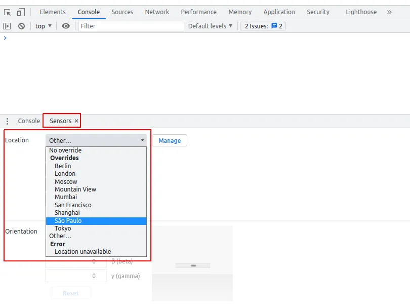 Aba Sensors do Chrome Dev Tools com a lista de localizações (No override, Berlin, London, Moscow, Mountain View, Mumbai, San Francisco, Shanghai, São Paulo, Tokyo, Other, Location unavailable) e São Paulo selecionada