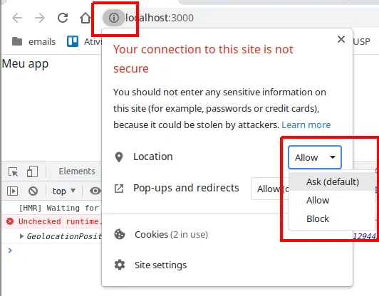 Painel de informações do site aberto pelo ícone ao lado da barra de endereço, com a opção Location e o menu com Ask (default), Allow e Block destacados