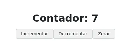 Página com o título "Contador: 7" e os botões Incrementar, Decrementar e Zerar