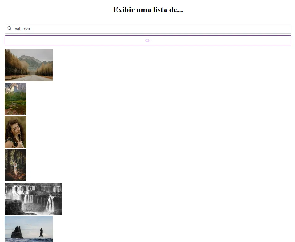 A aplicação exibindo as fotos da busca "natureza" uma abaixo da outra, alinhadas à esquerda