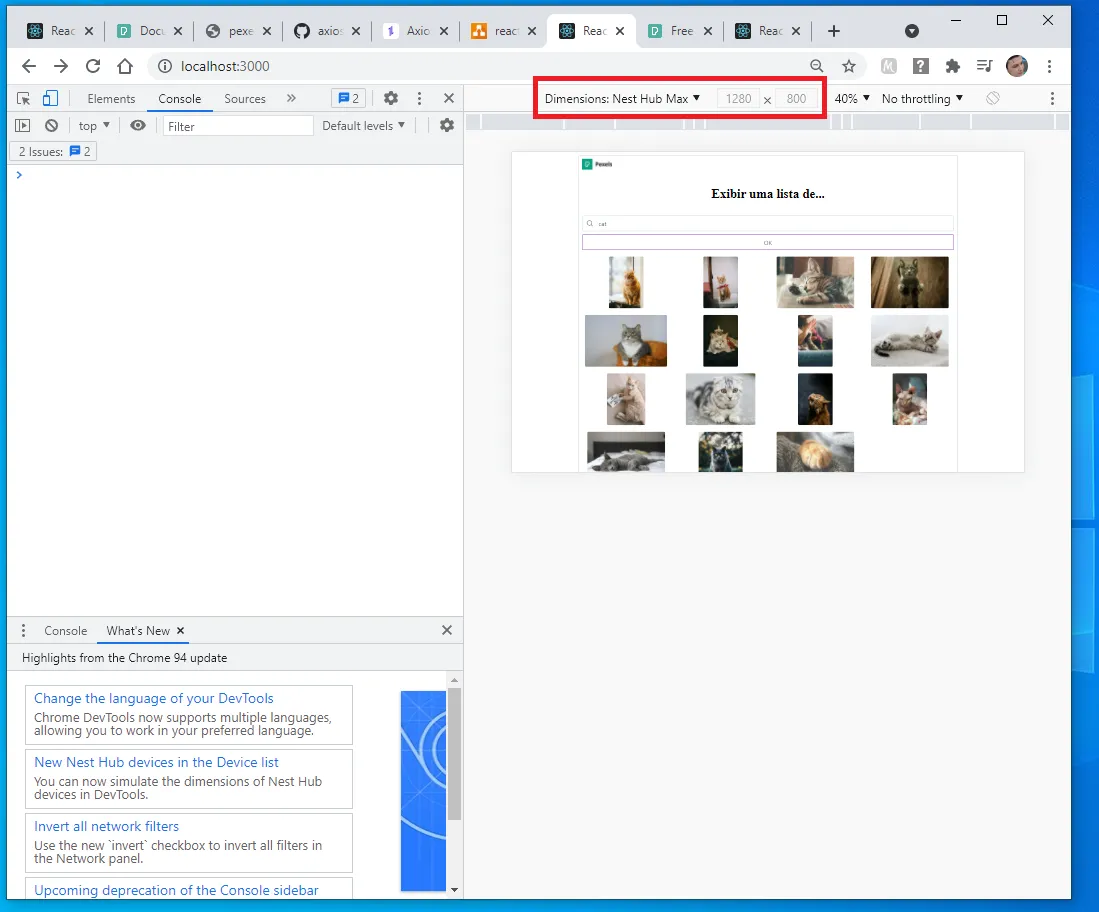 Aplicação simulada em um Nest Hub Max, com as fotos em quatro colunas