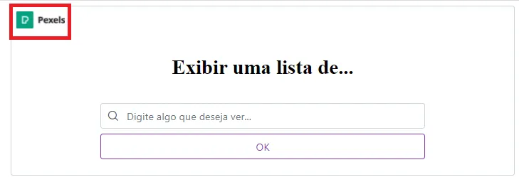 A aplicação com o logo da Pexels destacado no canto superior esquerdo, acima do título "Exibir uma lista de..."