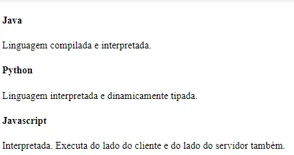 Os títulos Java, Python e Javascript, cada um seguido de seu conteúdo