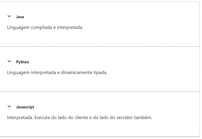 Três cartões com borda, cada um com um ícone de seta, o título e o conteúdo do item, com bastante espaço interno