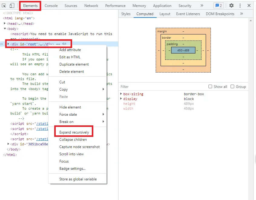 Aba Elements do Chrome Dev Tools com o menu de contexto da div root aberto e a opção "Expand recursively" destacada