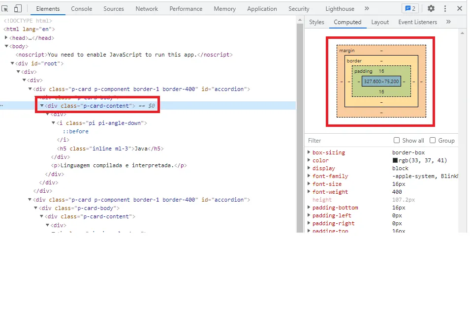 A div de classe p-card-content selecionada no Chrome Dev Tools, com padding vertical destacado no quadro Computed