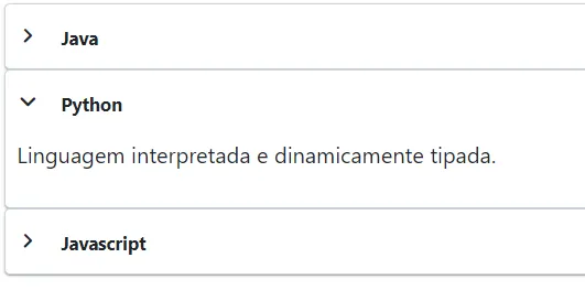 Accordion com Java e Javascript recolhidos (seta para a direita) e Python expandido (seta para baixo) exibindo seu conteúdo