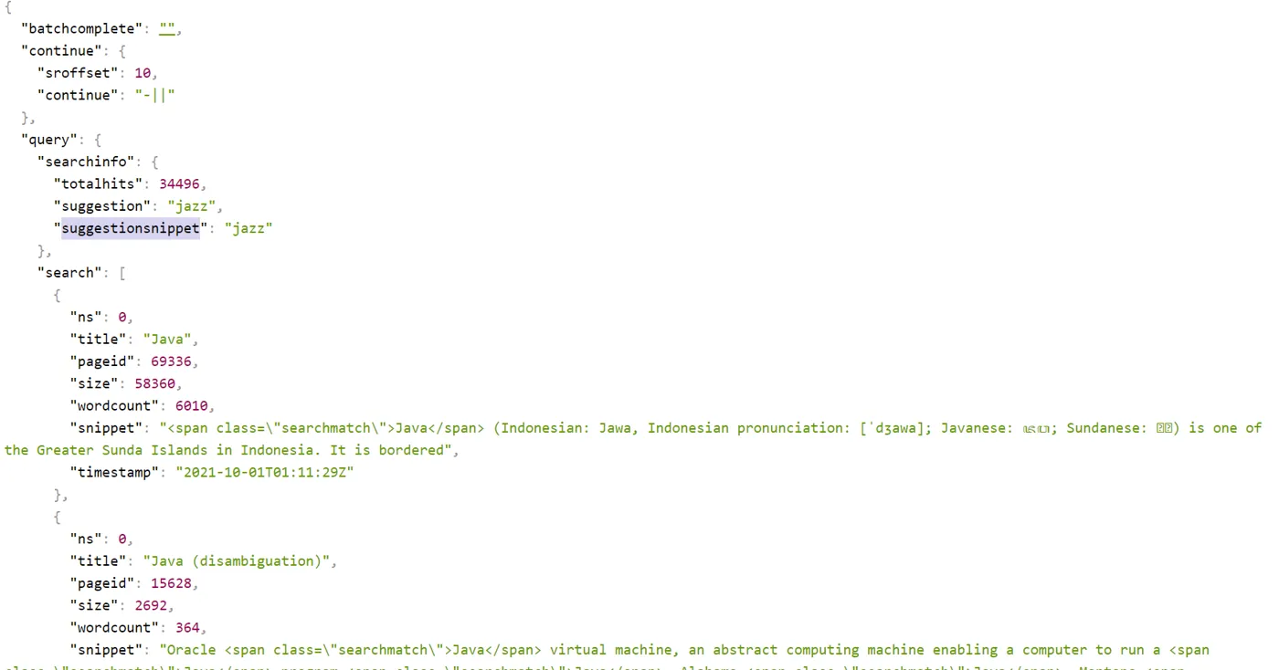 Resposta JSON da Wikipédia formatada no navegador, com batchcomplete, continue e query contendo searchinfo e o array search com title, pageid, size, wordcount e snippet de cada resultado