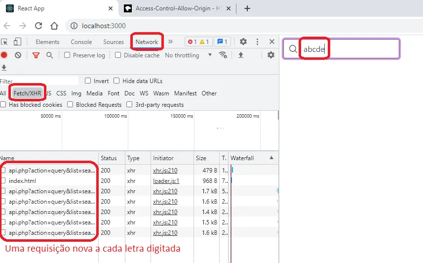 Aba Network com várias requisições api.php, anotadas com "Uma requisição nova a cada letra digitada"