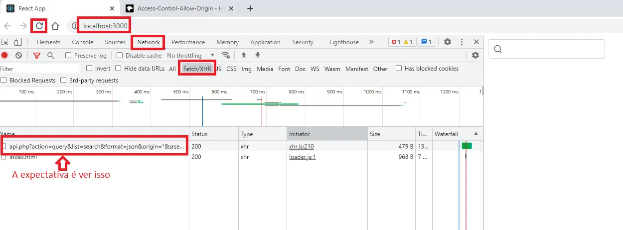 Aba Network do Chrome Dev Tools com o filtro Fetch/XHR e uma requisição api.php?action=query&list=search... destacada com a anotação "A expectativa é ver isso"
