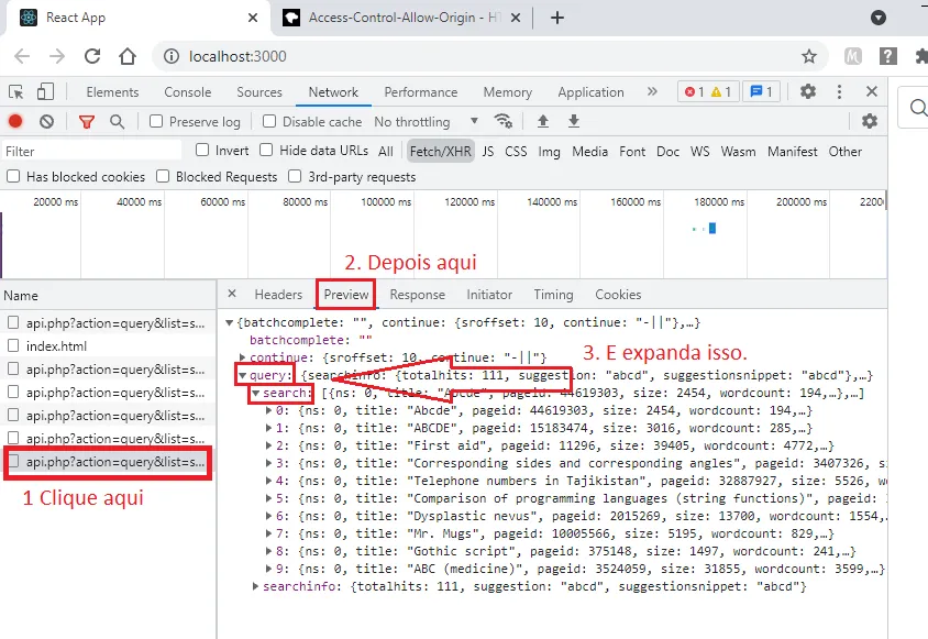 Aba Preview de uma requisição, com query e search expandidos mostrando o array de resultados