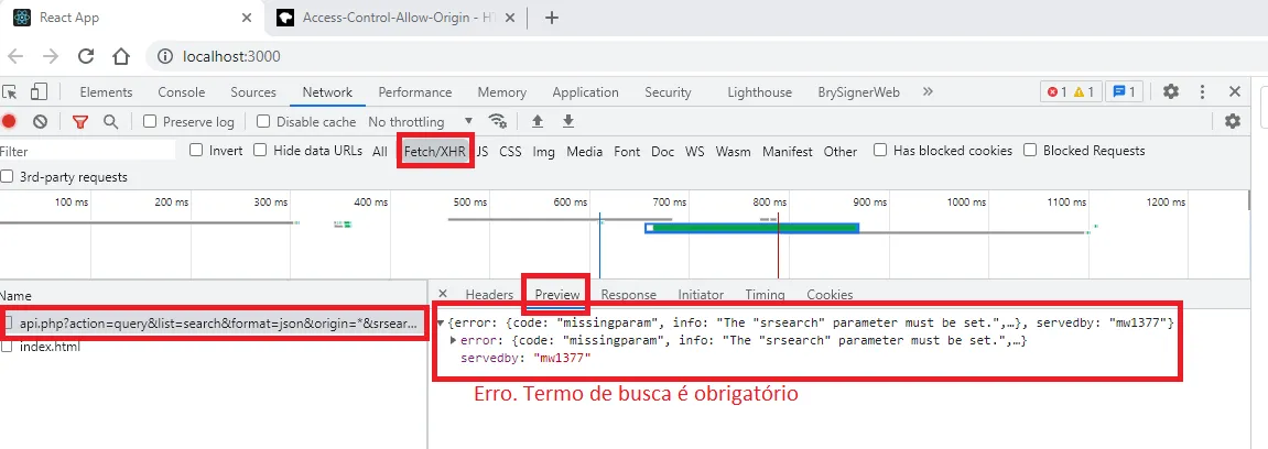 Aba Preview mostrando um erro "missingparam" com a informação "The srsearch parameter must be set.", anotado com "Erro. Termo de busca é obrigatório"