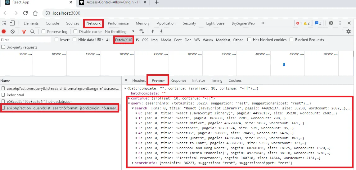Aba Preview com a resposta da busca por "React", contendo query e search com os resultados