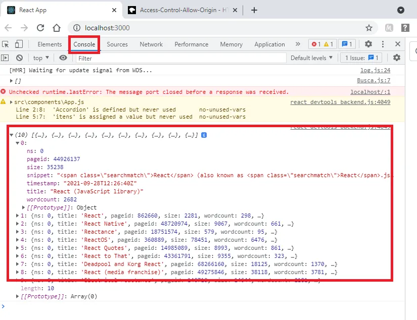 Console com o array de 10 resultados expandido, cada um com ns, title, pageid, size, wordcount, snippet e timestamp