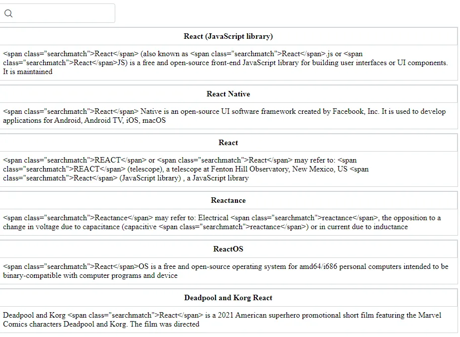 Lista de resultados da busca por React, cada um com o título em negrito e um trecho de texto contendo marcações HTML como span class="searchmatch"