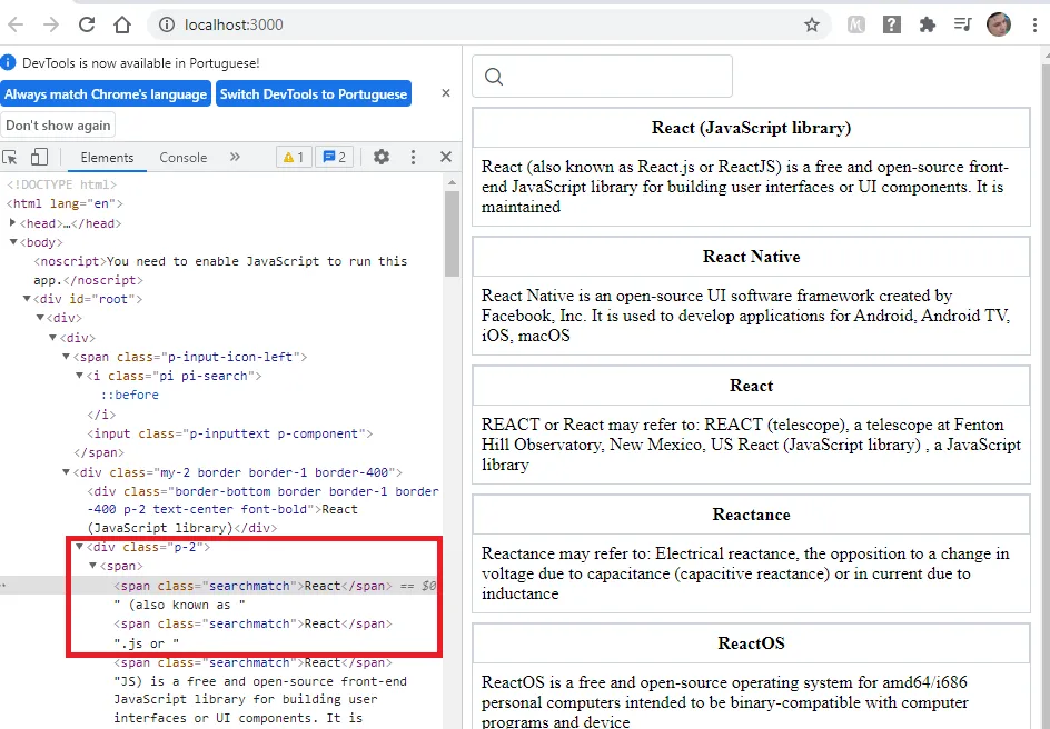 Aba Elements mostrando, dentro de cada resultado, elementos span com a classe searchmatch criados a partir do HTML devolvido pela Wikipédia