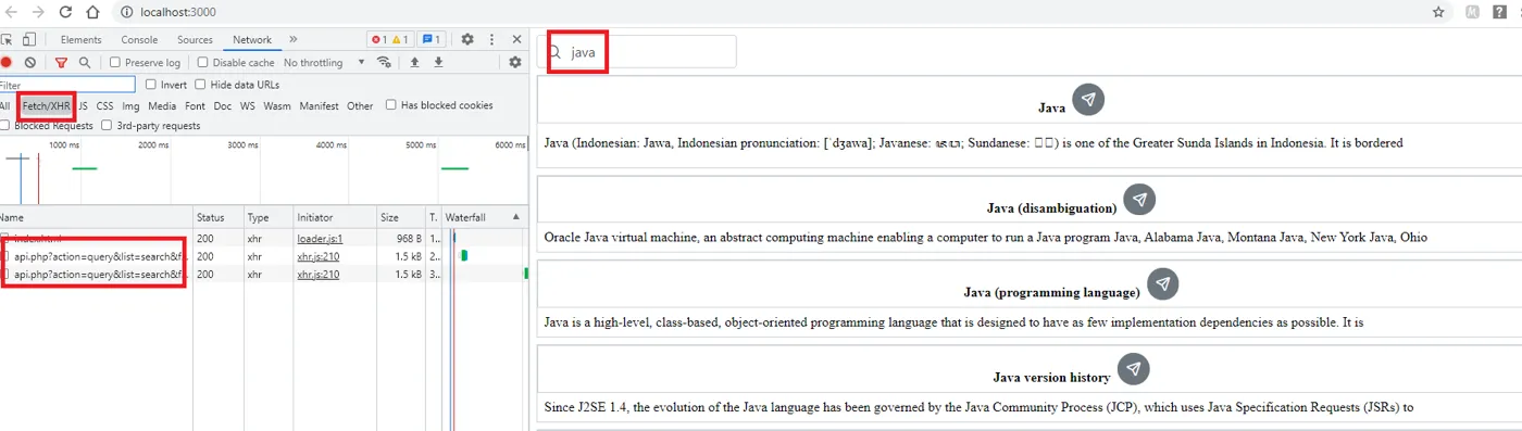 Aba Network com apenas duas requisições: a do termo inicial e a de "java", feita depois de a palavra ser digitada por completo