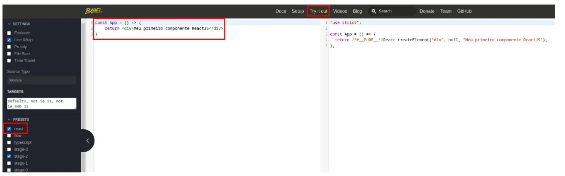 Babel Playground com o preset react marcado, o código JSX à esquerda e o resultado com React.createElement à direita