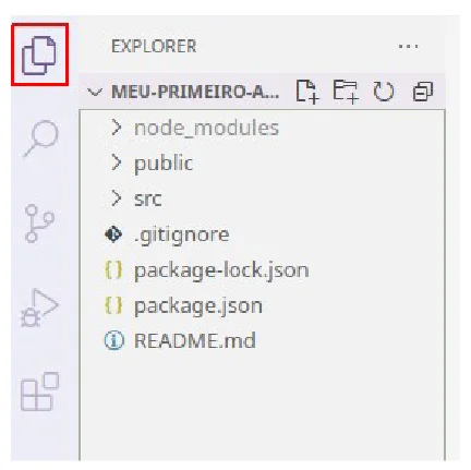 Explorer do VS Code mostrando as pastas node_modules, public e src e os arquivos .gitignore, package-lock.json, package.json e README.md