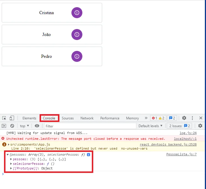 Console mostrando o props de PessoaLista com pessoas (Array(3)) e selecionarPessoa (uma função)