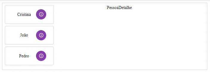 A lista de pessoas à esquerda e o texto "PessoaDetalhe" à direita, dentro de um grid com borda