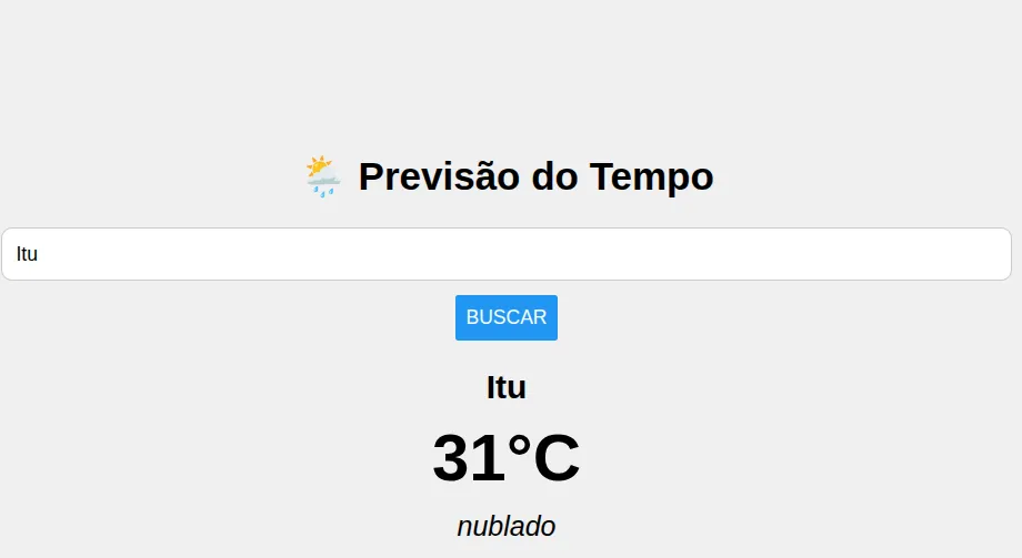 Tela "Previsão do Tempo" com o campo de cidade preenchido com Itu, o botão Buscar e o resultado: Itu, 31°C, nublado