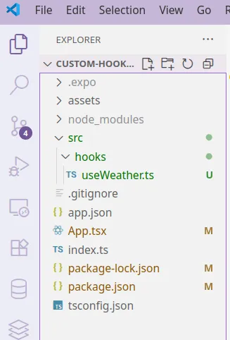 Explorer do VS Code com a pasta src, dentro dela a pasta hooks e o arquivo useWeather.ts