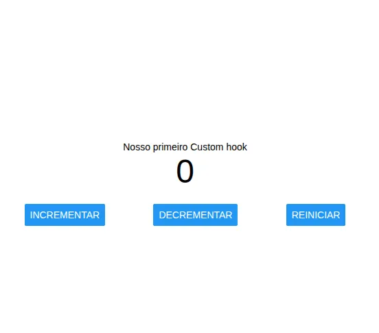 Tela com o título "Nosso primeiro Custom hook", o número 0 em destaque e os botões Incrementar, Decrementar e Reiniciar
