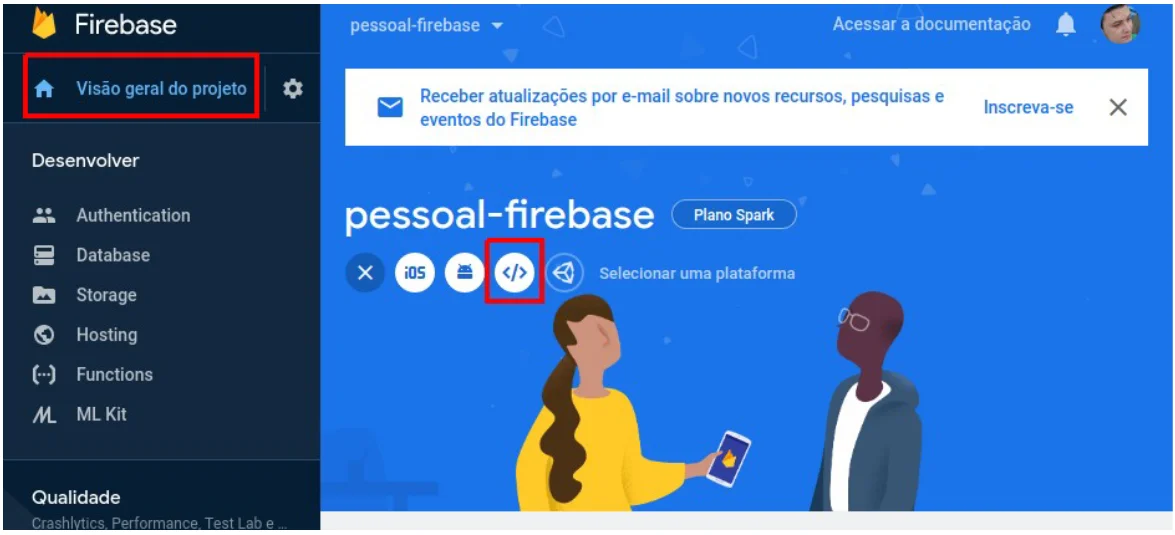 Console do Firebase com o item "Visão geral do projeto" do menu lateral e o ícone </> (web) da seção Selecionar uma plataforma destacados em vermelho