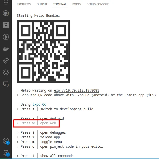 Terminal do Expo com a linha "Press w, open web" em cinza e destacada por um retângulo vermelho