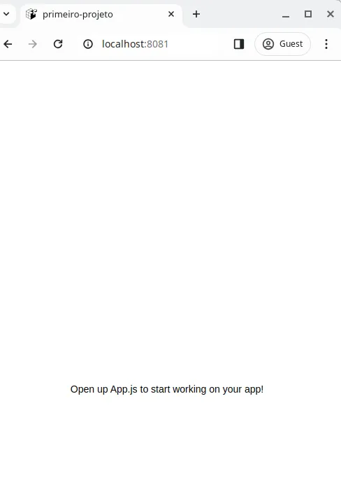 Navegador em localhost:8081 exibindo o texto "Open up App.js to start working on your app!"