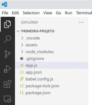 Explorer do VS Code com a pasta PRIMEIRO-PROJETO contendo .vscode, assets, node_modules, .gitignore, App.js, app.json, babel.config.js, package-lock.json e package.json