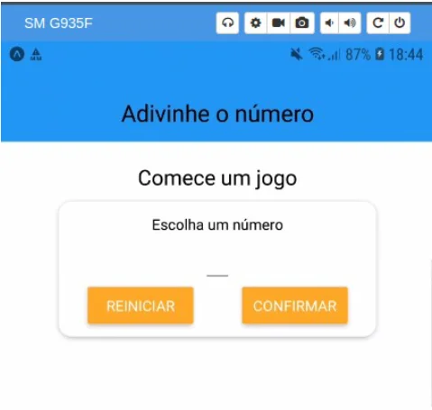 Tela de celular Android com o cabeçalho azul "Adivinhe o número", o texto "Comece um jogo" e um cartão com "Escolha um número", um campo de entrada e os botões laranja Reiniciar e Confirmar