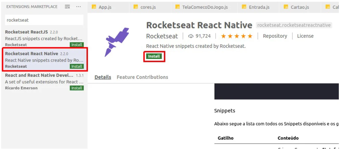 Marketplace de extensões do VS Code com a busca "rocketseat", o item Rocketseat React Native destacado e o botão Install destacado na página da extensão