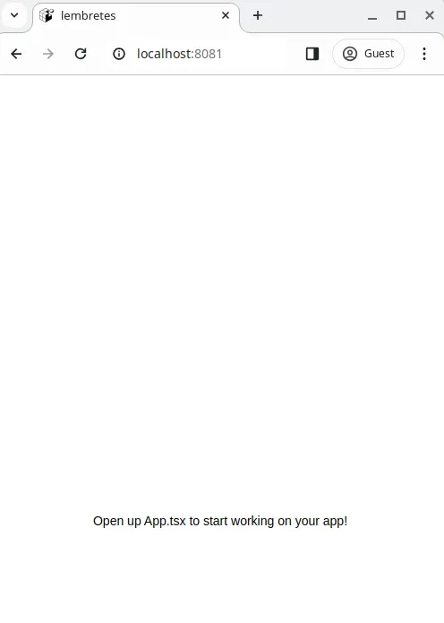 Navegador em localhost:8081, com a aba "lembretes", exibindo o texto "Open up App.tsx to start working on your app!"