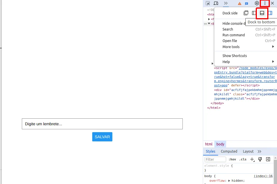 Menu de três pontos do Chrome Dev Tools aberto, com a opção "Dock to bottom" destacada em vermelho