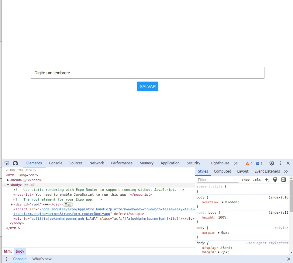 Chrome Dev Tools posicionado embaixo, com o ícone de alternar a barra de dispositivos destacado em vermelho