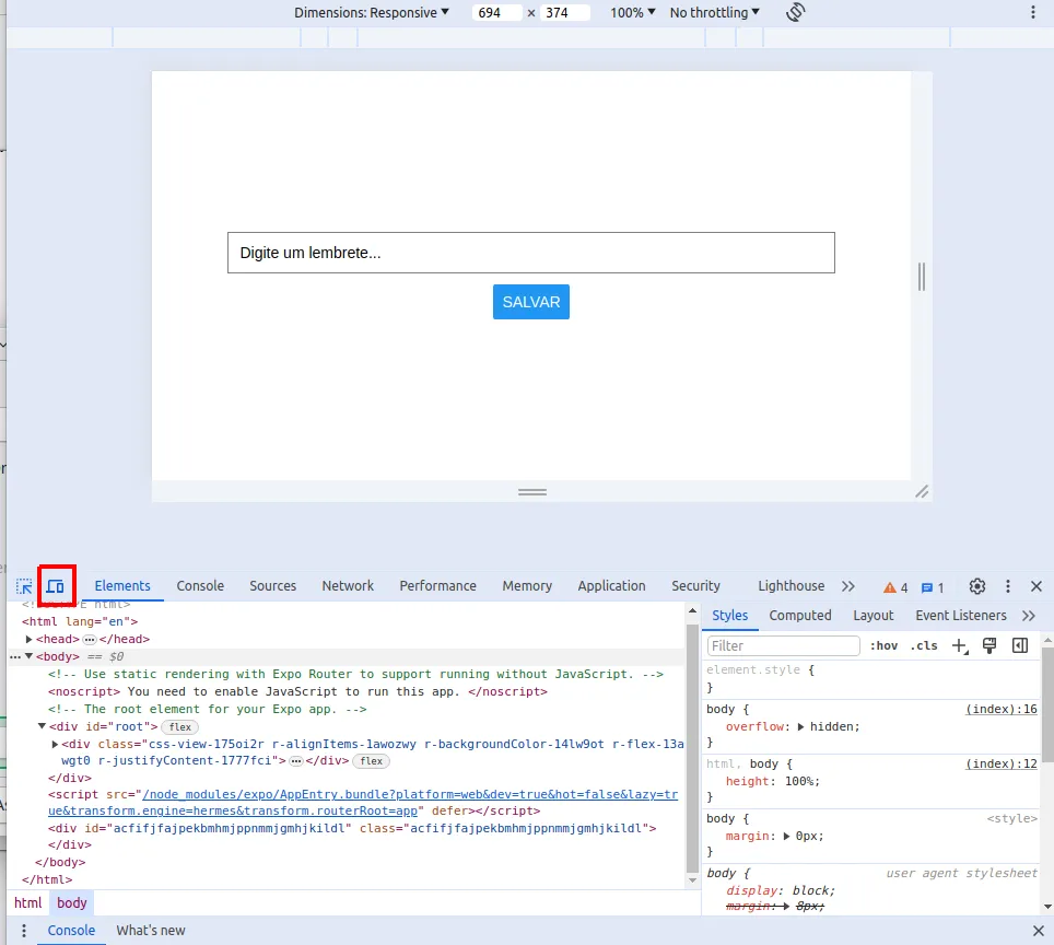 Aplicação exibida numa tela simulada pelo Chrome, com a barra de dimensões no topo