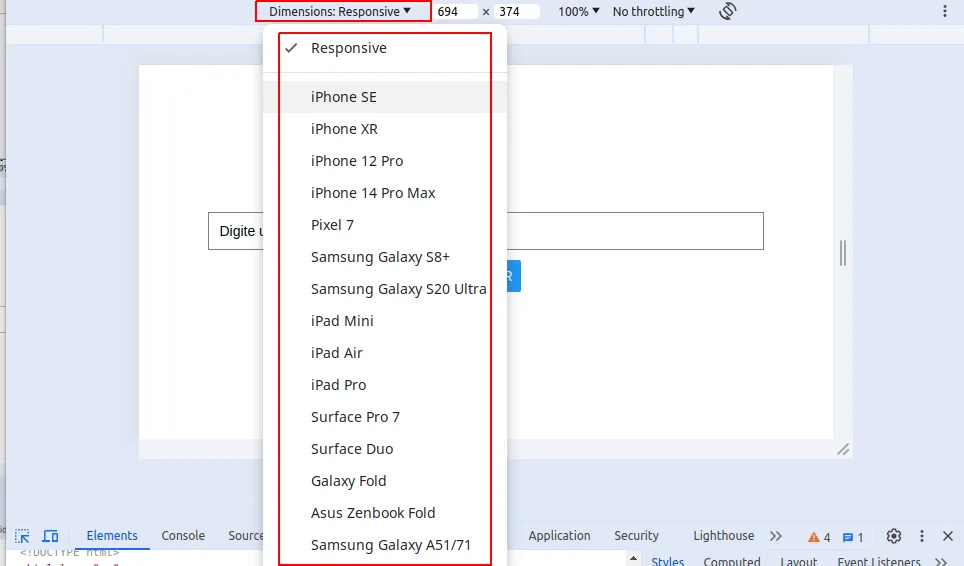 Lista de modelos de dispositivos do Chrome aberta, com opções como iPhone SE, iPhone XR, Pixel 7, Samsung Galaxy S8+ e iPad Air