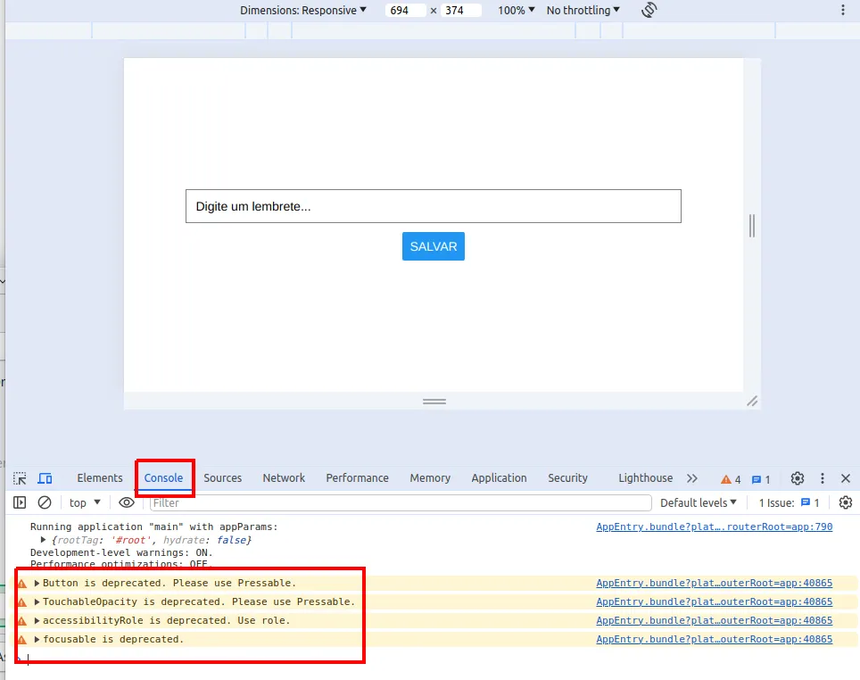 Aba Console do Chrome Dev Tools com avisos destacados: "Button is deprecated. Please use Pressable.", "TouchableOpacity is deprecated. Please use Pressable.", "accessibilityRole is deprecated. Use role." e "focusable is deprecated."