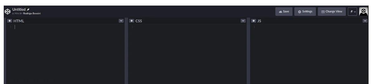 Editor do CodePen com três painéis escuros lado a lado, para HTML, CSS e JS, e os botões Save, Settings e Change View no topo