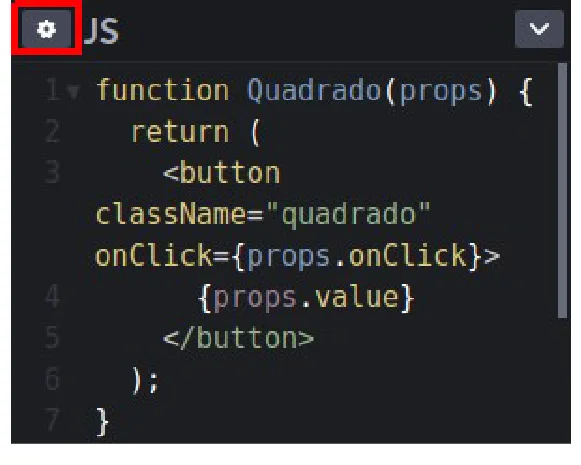 Painel JS do CodePen com o botão de engrenagem destacado em vermelho, ao lado do código da função Quadrado